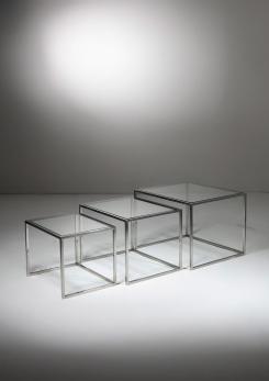 Compasso - Set of Three Steel and Brass Cubic Nesting Tables, Italy, 1970s