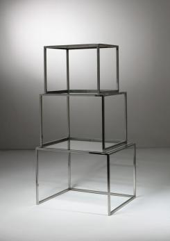 Compasso - Set of Three Steel and Brass Cubic Nesting Tables, Italy, 1970s