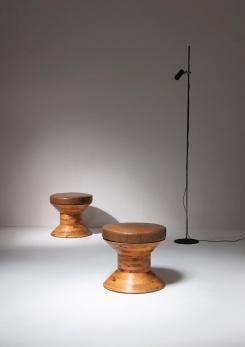 Compasso - Pair of Italian 70s Wood Stools with Leather Cushion