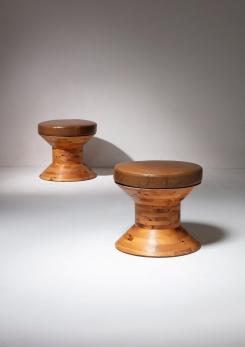 Compasso - Pair of Italian 70s Wood Stools with Leather Cushion