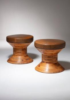 Compasso - Pair of Italian 70s Wood Stools with Leather Cushion