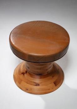 Compasso - Pair of Italian 70s Wood Stools with Leather Cushion