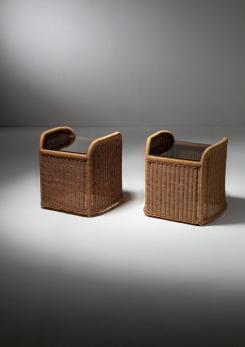 Compasso - Pair of Wicker and Glass Night Stands by Adalberto Dal Lago for Germa