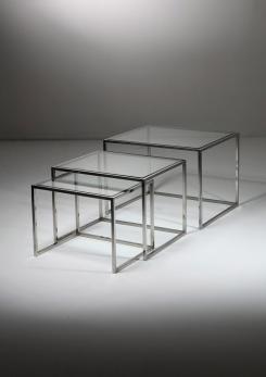 Compasso - Set of Three Steel and Brass Cubic Nesting Tables, Italy, 1970s